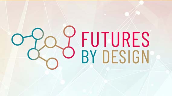 Pastellfärgad bakgrund med noder, i förgrunden visas logotypen för projektet Futures by design.