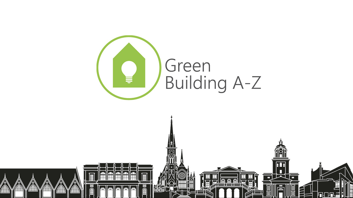 Stadssilhuett längs med nederkanten, ovanför visas logotypen för projektet Green building a-z.