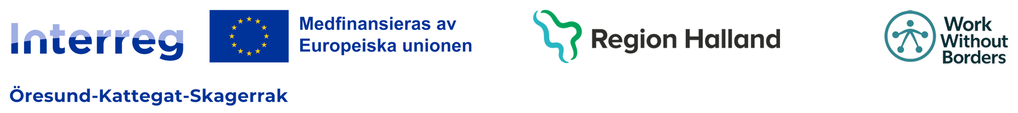 Logotyper för Interreg Öresund-Kattegat-Skagerrak, Region Halland och Work Without Borders